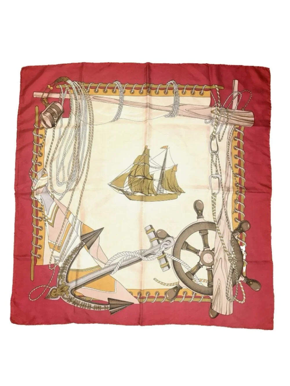 Vtg NAUTICAL SILK SCARF Ship Sailing Anchor Pulley Rope Red Gold White - 30